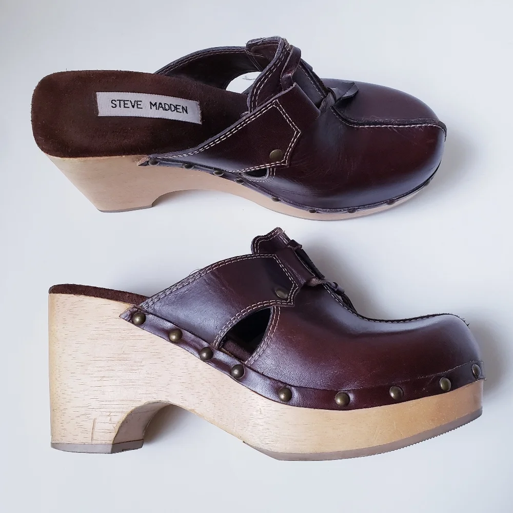 Steve Madden Brown Leather Slip-on Clogs - Picture 12 of 16